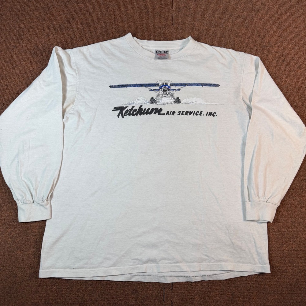Oneita Ketchum Air Service Mens Long Sleeve Shirt Alaska Floatplane White Large